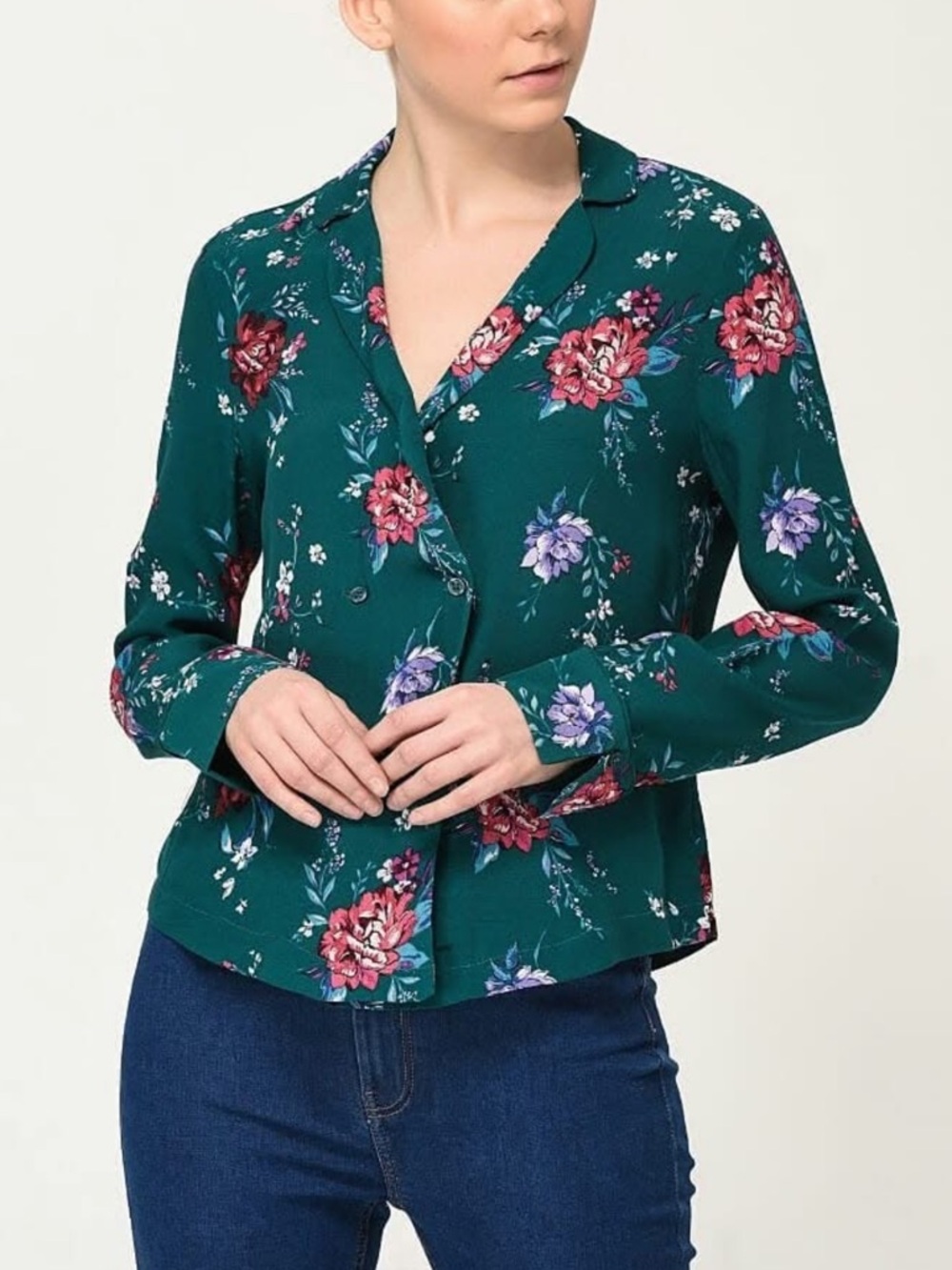 Bershka Women’s L Multi Teal Green & Red Floral Wrap Style LS Top Blouse in EUC